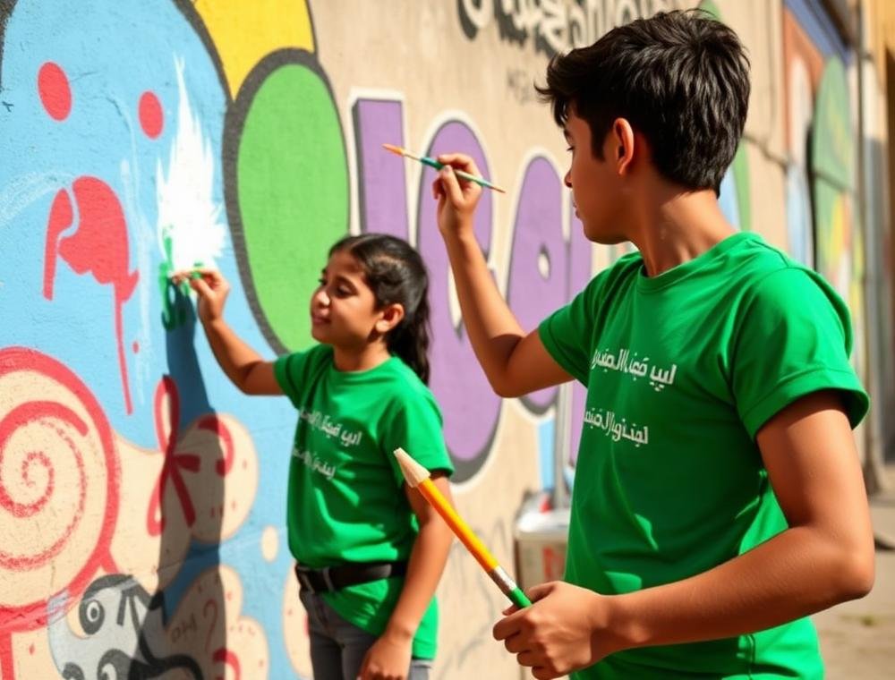 متطوعون يرسمون جدارية ملونة على أحد الجدران